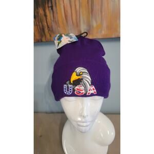 USA Eagle Embroidered Knit Beanie Hat – Purple – New With Tag – Winter Cap